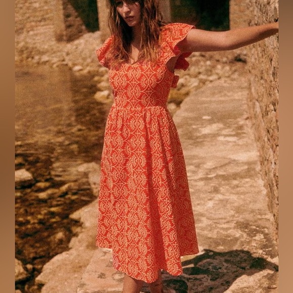 Sezane Melville Lace Coral Midi Dress Size 38 - Picture 2 of 9